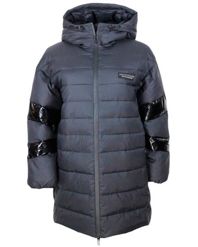 Armani Exchange Long Down Jacket With Hood In Real Goose Down With Logo On The Chest Embellished With A Lacquered Motif On The Arms. - Blue