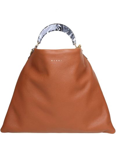 Marni Hobo Bag In Calfskin With Resin Handle - Brown