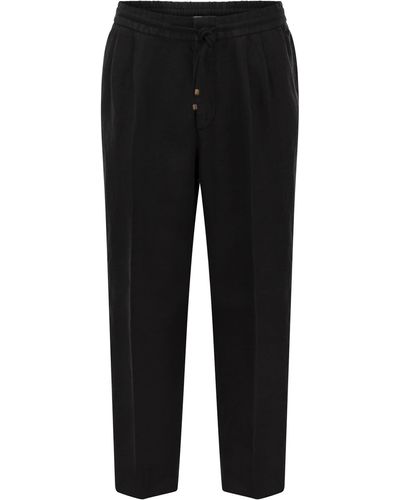 Brunello Cucinelli Leisure Fit Pants In Garment-dyed Linen Gabardine With Drawstring And Double Darts - Black