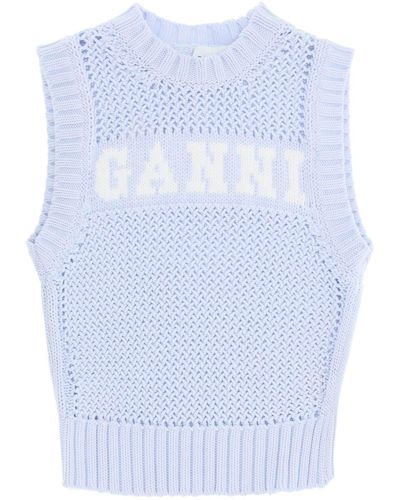 Ganni Open-stitch Knitted Vest With Logo - Blue