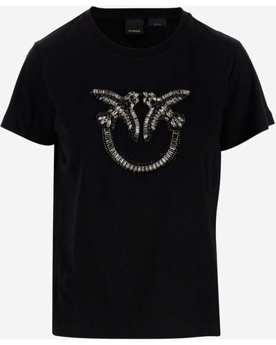 Pinko Cotton T-shirt With Love Birds Pattern - Black