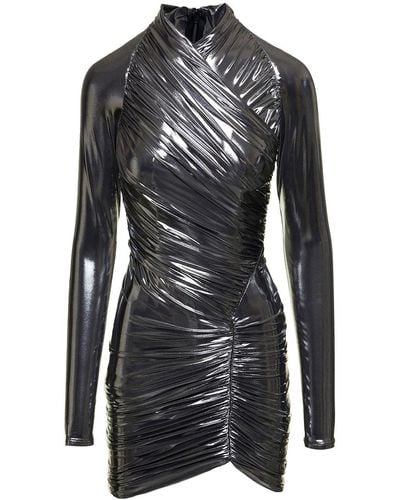 Ferragamo Mini Silver-colored Gathered Dress In Laminated Fabric Woman - Black