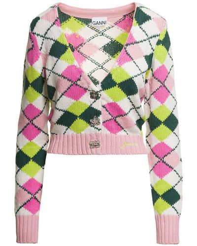 Ganni Graphic Cotton V-neck Cardigan - Multicolor