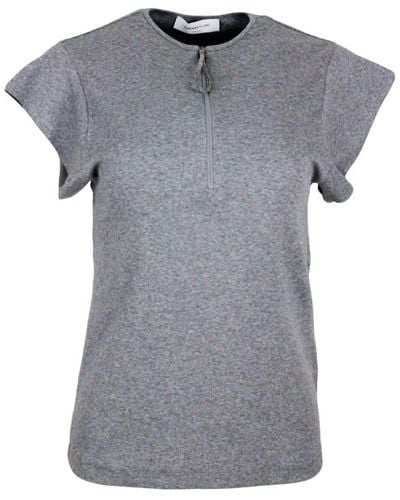 Fabiana Filippi Short-Sleeved Round-Neck Cotton Jersey T-Shirt With Zip And Embellished With Rows Of Brilliant Jewels On The Zip Puller - Gray