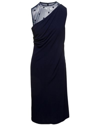 Givenchy Midi E Sleeveless Draped Dress With 4g Plumentis Trasparent Tulle In Viscose - Blue