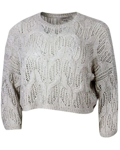 Antonelli Long-Sleeved Crew-Neck Jumper With Braided Workmanship Embellished With Cotton And Linen Microsequins - Grey