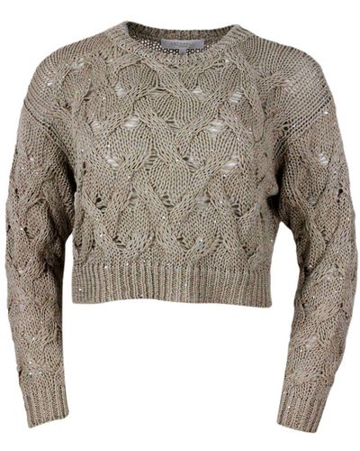 Antonelli Long-Sleeved Crew-Neck Sweater With Braided Workmanship Embellished With Microsequins - White