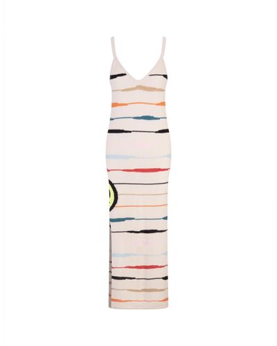 Barrow Long Dress With Logo And Multicoloured Stripes - White