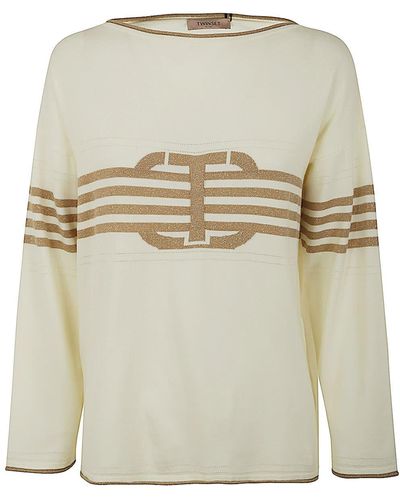 Twin Set Long Sleeves Boat Neck Striped Sweater With Logo - Gray