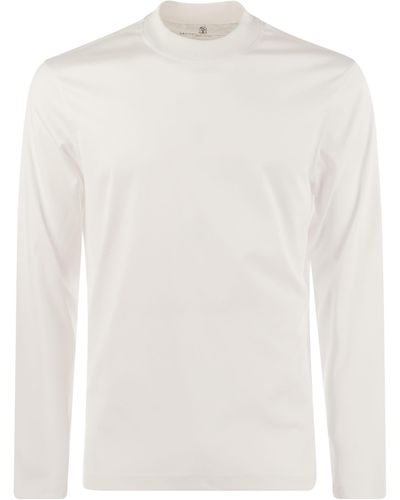 Brunello Cucinelli Long-Sleeve Cotton Jersey Chimney Neck T-Shirt - White