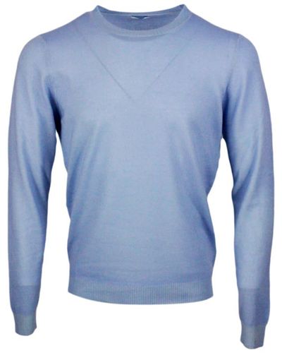 Malo Lightweight Crew-Neck Long-Sleeved Sweater Made Of Garment-Dyed Soft Light Cashmere - Blue