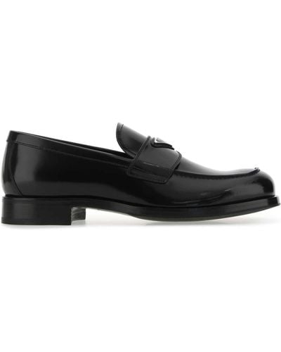 Prada Logo Plaque Leather Loafers - Black