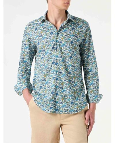 Mc2 Saint Barth Muslin Cotton Sikelia Shirt With Mushroom Print Made With Liberty Fabric - Blue