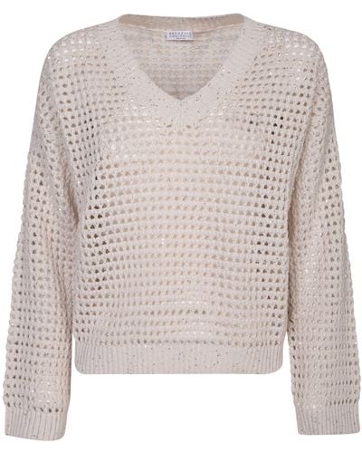 Brunello Cucinelli V-Neck Knitted Sweater - Natural