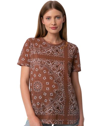 Mc2 Saint Barth Woman Linen T-shirt With Bandanna Print - Brown