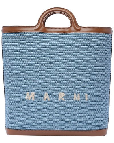 Marni Logo Embroidered Raffia Tote Bag - Blue