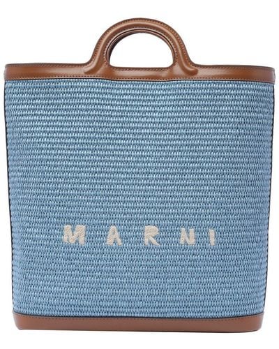 Marni Logo Embroidered Raffia Tote Bag - Blue