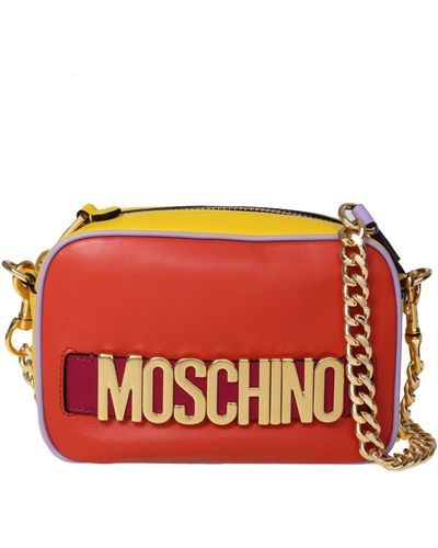 Moschino Camera Bag In Leather With Lettering Logo - Orange