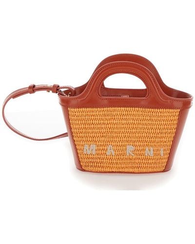 Marni Tropicalia Micro Beige Handbag With Logo Lettering Detail In Leather And Rafia Effect Fabric - Brown