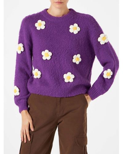 Mc2 Saint Barth Brushed Crewneck Sweater With Daisy Appliqué - Purple