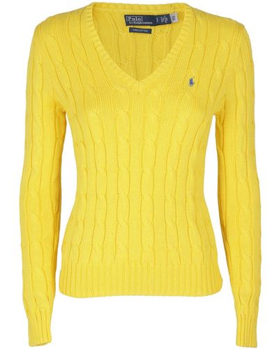 Ralph Lauren Kimberly Cable-Knitted V-Neck Sweater - Yellow