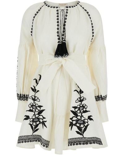 Anjuna Mini Dress With Floreal Embroidery And Tassels - White