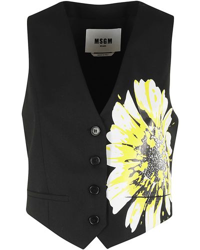 MSGM Floral-Printed V-Neck Waistcoat - Black