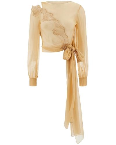Alberta Ferretti Long Sleeve Blouse With Lace Insert And Bow In - Natural