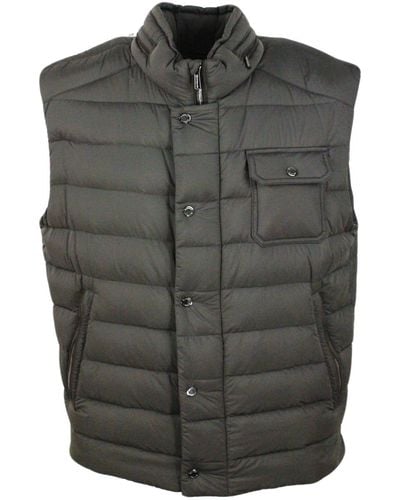 Moorer Sleeveless Vest Padded With Real Goose Down With Concealed Hood And Front Zip And Button Closure - Gray