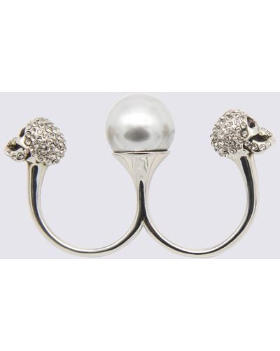 Alexander McQueen Pearl And Brass Skull Double Ring - White