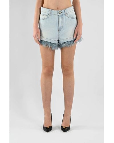 Twin Set Denim Shorts With Feathers - Blue