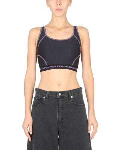 Versace Crop Top With Logo Band - Gray