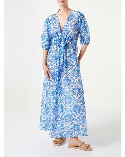 Mc2 Saint Barth Cotton And Silk Long Beach Dress Bliss With Ikat Print - Blue