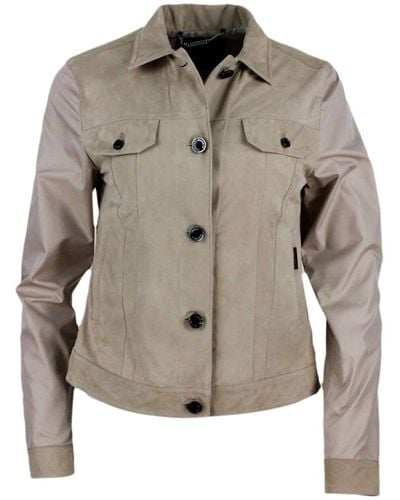 Moorer Windproof Lightweight Nylon Jacket With Soft Suede Front With Chest Pockets - Gray