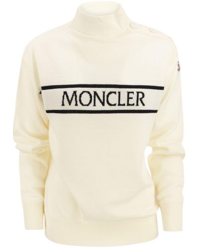 Moncler Logo Intarsia Turtleneck Sweater - Natural