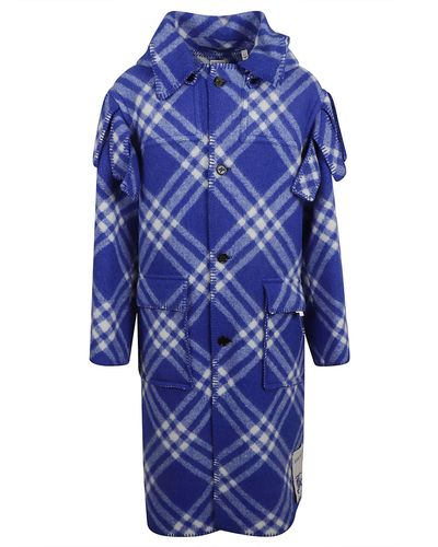 Burberry Check Long Buttoned Coat - Blue