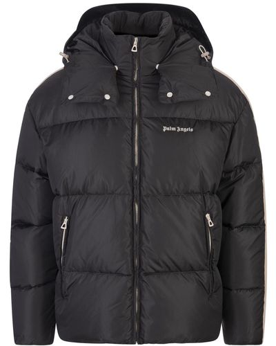Palm Angels Dark Down Jacket With Logo And Contrast Bands - Black
