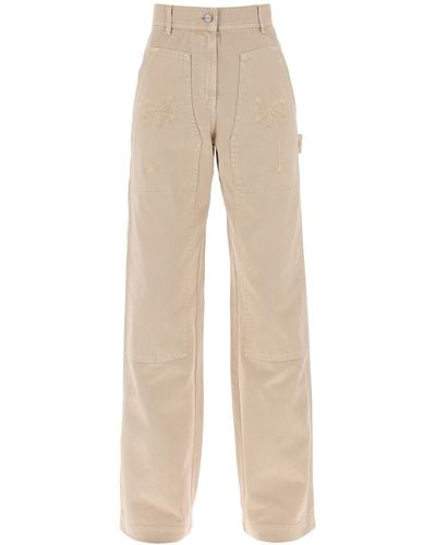 Palm Angels 'gd Bull' Cargo Trousers With Embroidered Palm Trees - Natural