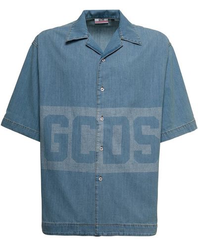 Gcds Men's Denim Bowling Shirt With Logo - Blue