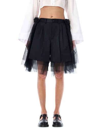 Noir Kei Ninomiya Tulle-Overlay Tailored Shorts - Black