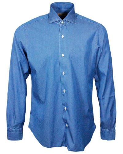 Barba Napoli Dandylife Denim Shirt With Hand-sewn Italian Collar And Mother-of-pearl Buttons - Blue