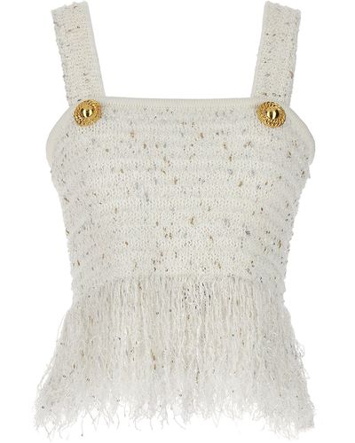 Balmain Fringed Tweed Tops - White