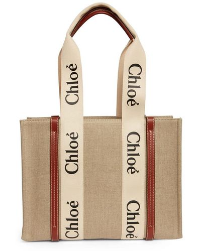 Chloé White And Medium Woody Shopping Bag With Shoulder Strap - Metallic