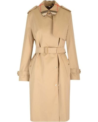 Burberry Honey Trench Coat With Check Collar - Natural
