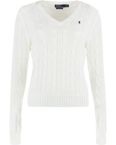 Polo Ralph Lauren Polo Ralph Laure Kimberly V-neck Cable Knit Sweater - White