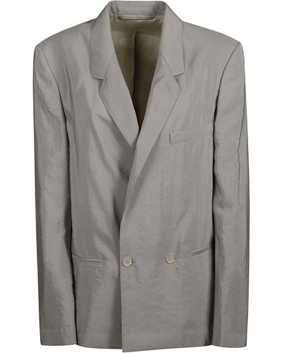 Lemaire Double-Breasted Long-Sleeved Crinkled Blazer - Gray