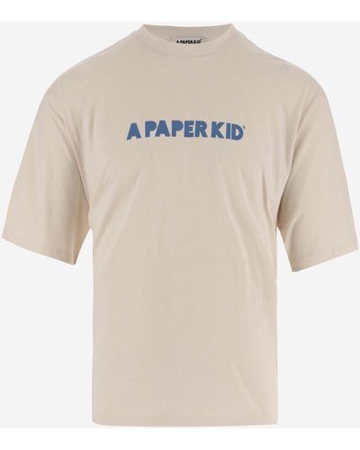 A PAPER KID Cotton T-Shirt With Logo And Graphic Print - Natural