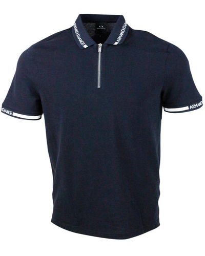 Armani Hort-Sleeved Pique Cotton Polo Shirt With Zip Closure And Writing On The Collar - Blue