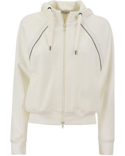 Brunello Cucinelli Smooth Cotton Fleece Hooded Topwear With Shiny Piping - White