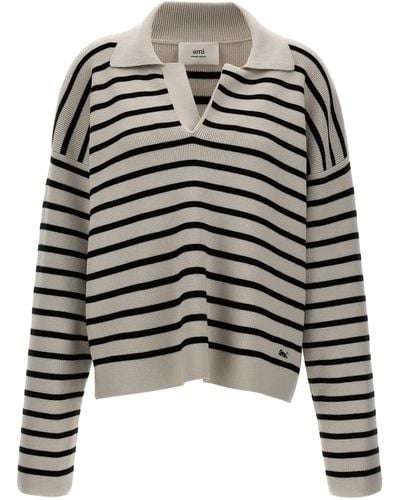 Ami Paris Striped Polo Sweater - Black